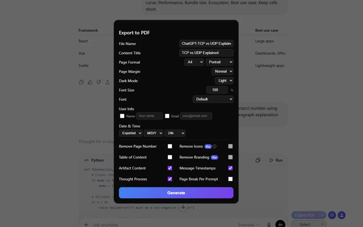 Extension Customize panel showing filename, page format, theme, font and ToC options