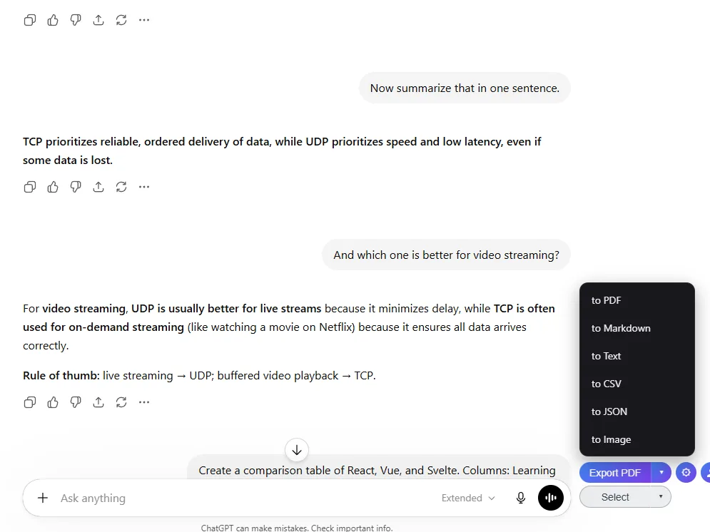 Format picker showing PDF, Markdown, Text, CSV, JSON and Image options