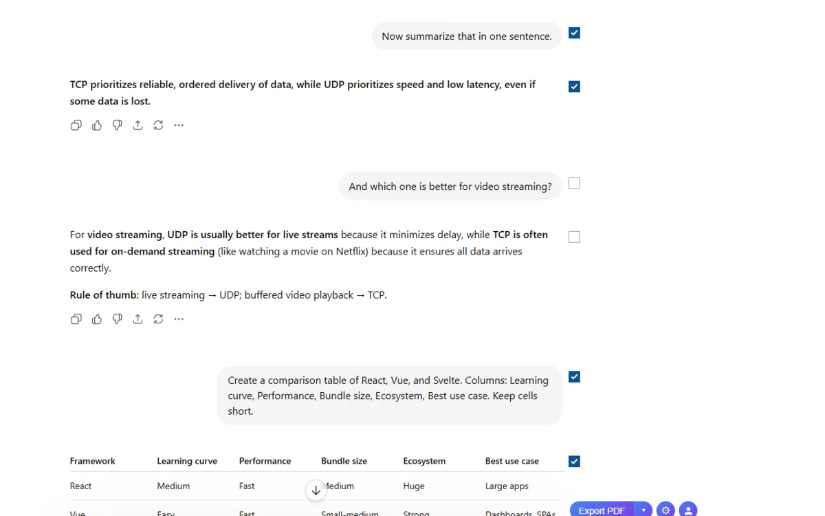 Multiple ChatGPT messages with their checkboxes ticked, ready to export only what's selected