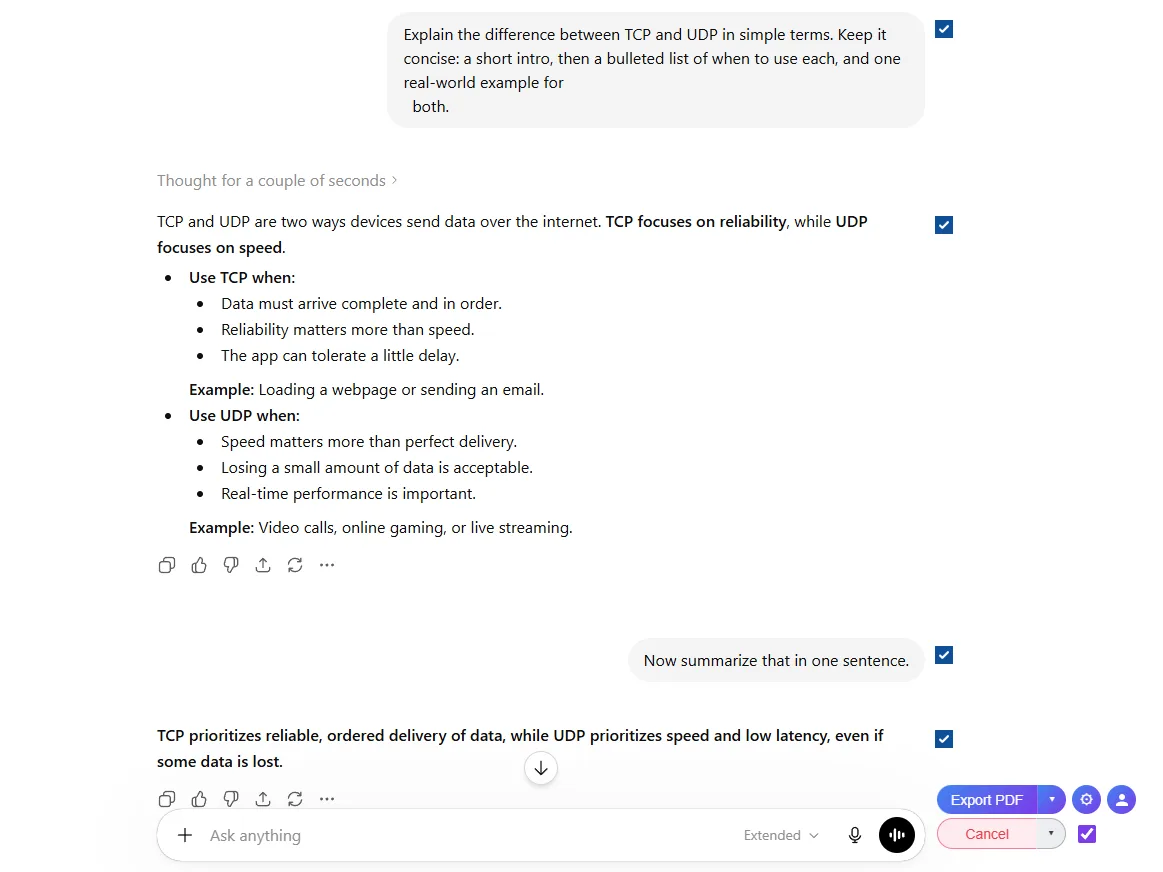 ChatGPT conversation with the extension's Select-mode active and Export PDF ready