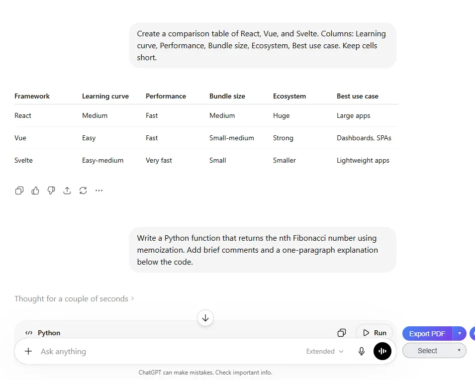 Comparison table rendered in a live ChatGPT conversation