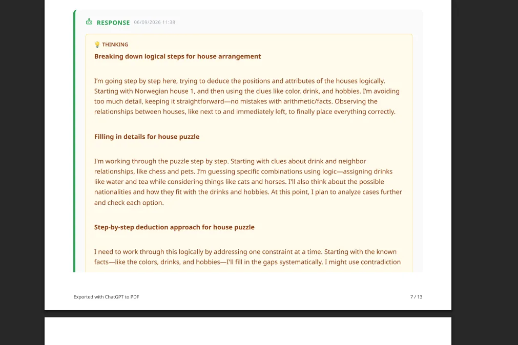 Reasoning steps from a ChatGPT conversation rendered inside an exported PDF